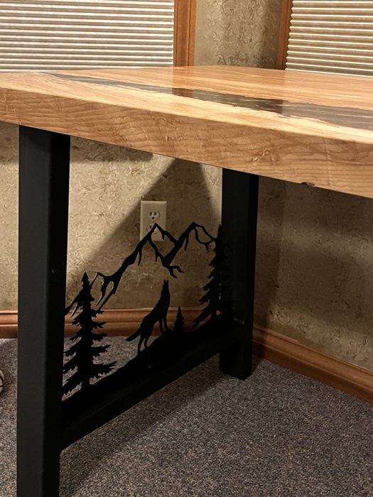 Custom metal base with mountain and forest silhouettes