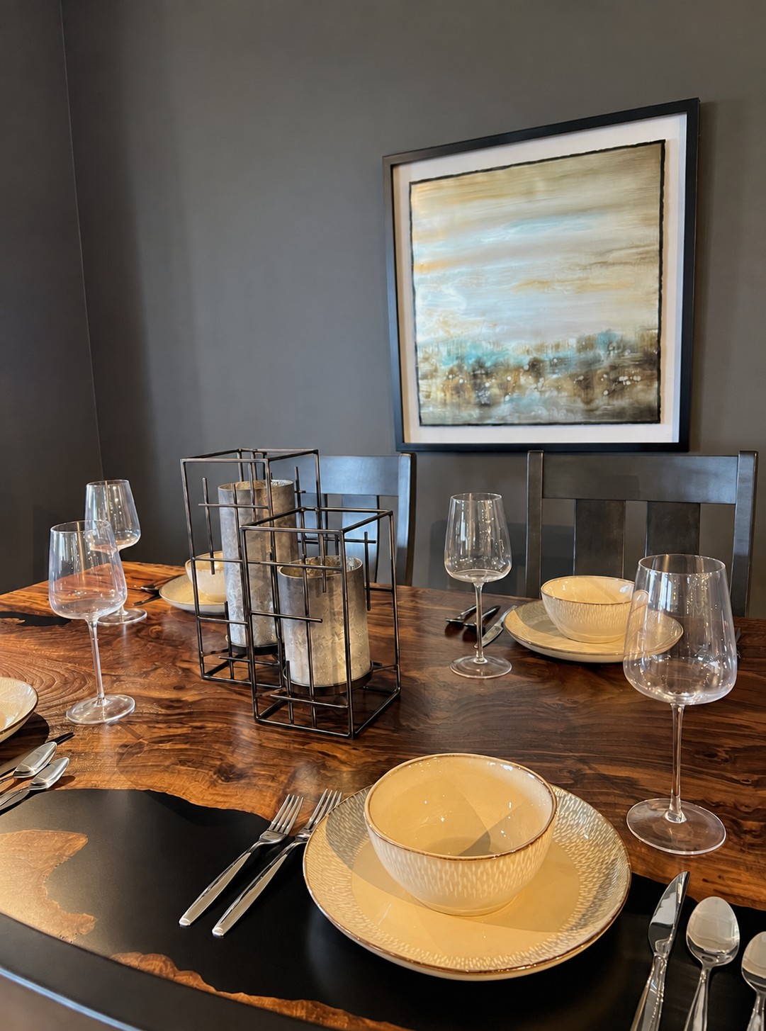 Clara walnut dining table styled with tableware